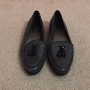 Gray leather loafers
